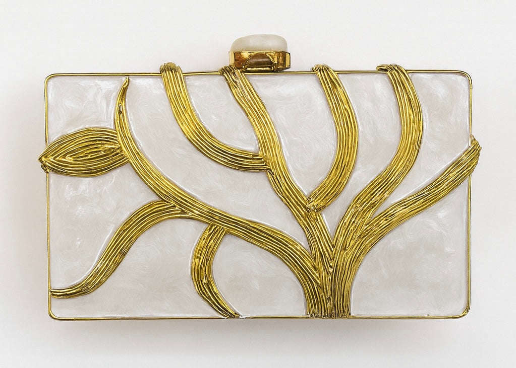 Rectangular Mother-of-Pearl Clutch with Gold Branch
