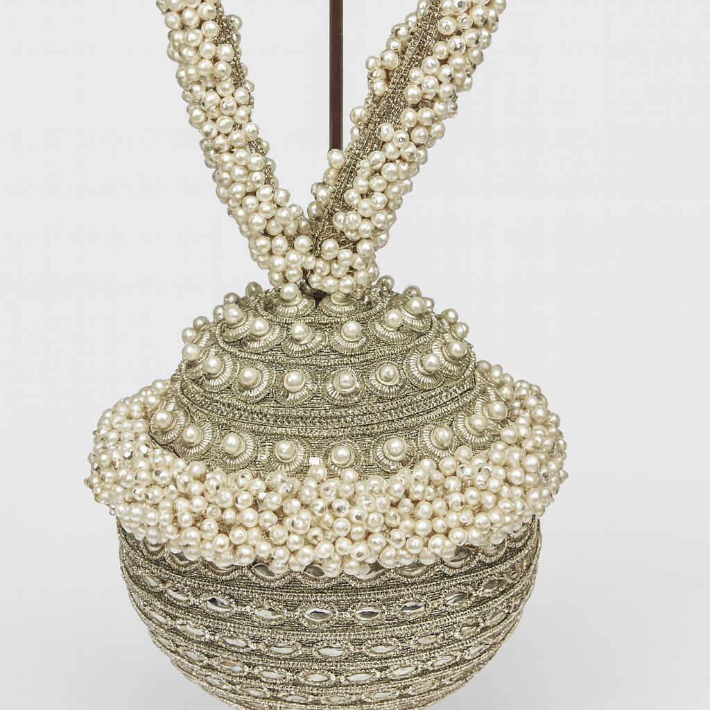 Handmade Silver Embellished pearl clutch bag