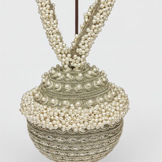 Handmade Silver Embellished pearl clutch bag