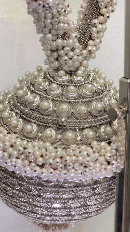 Handmade Silver Embellished pearl clutch bag